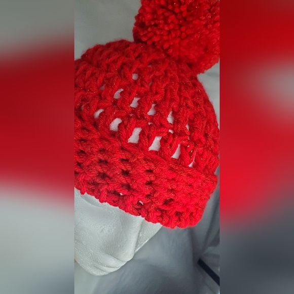 Handmade Red Crochet Beanie with Pom Pom - Picture 4 of 5